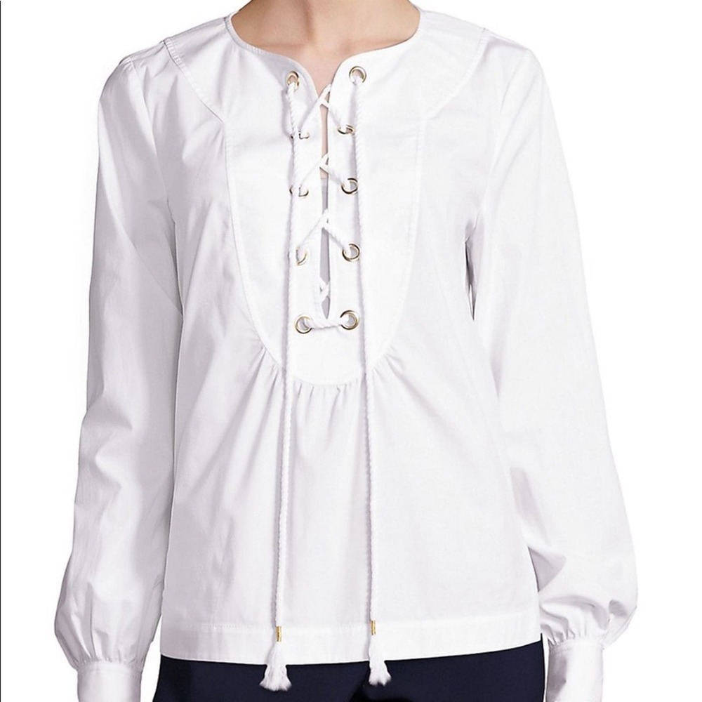 Trina Turk | Kahula White Lace Up Summer Tassel Blouse Top Small